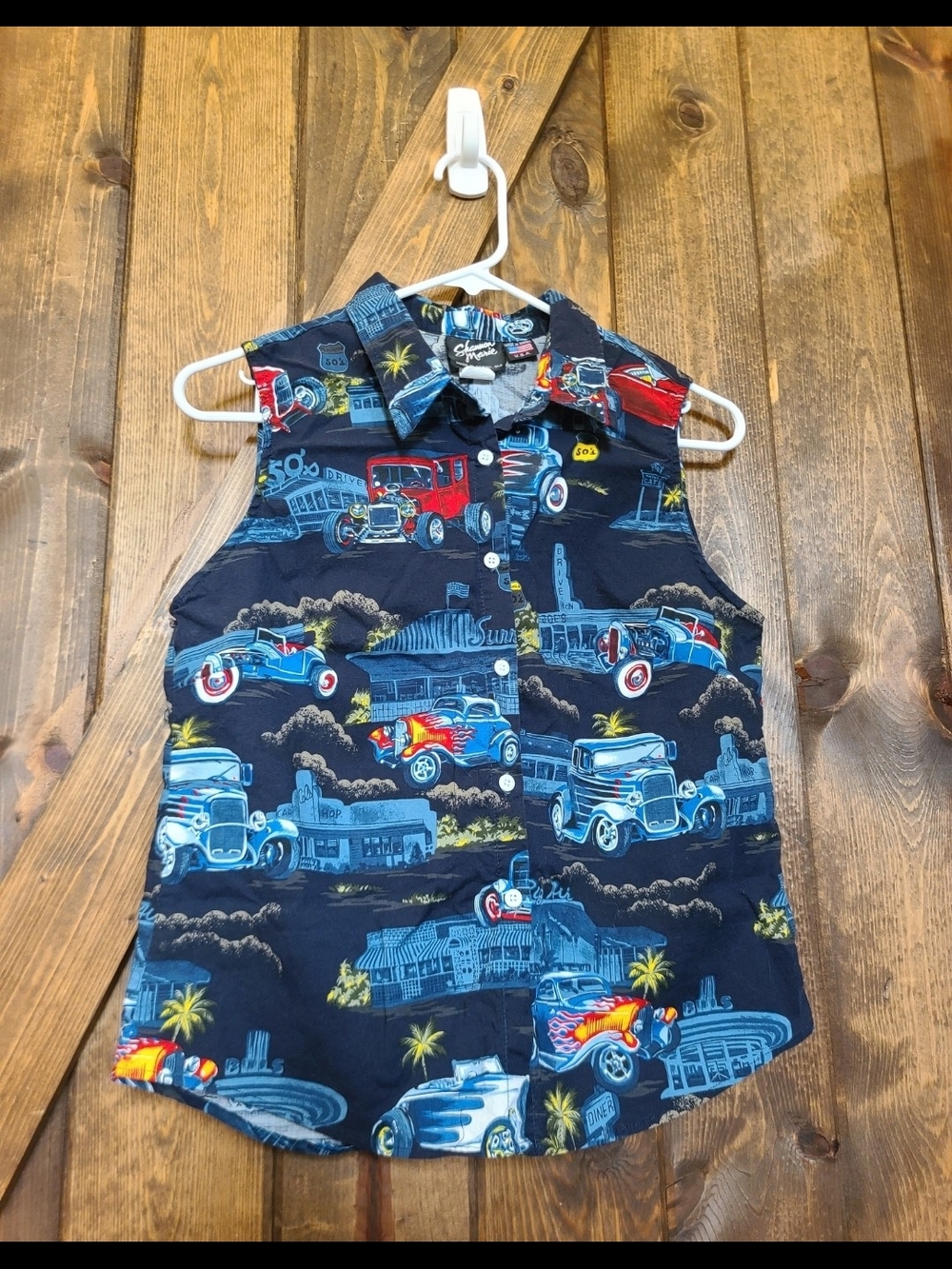 Vntg Shannon Marie Made In Hawaii 50s Hot Rod Sleeveless Buttom Up Women's Large